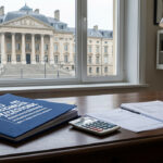 Illustration réaliste d’une enquête financière française avec des dossiers judiciaires, une calculatrice, des documents comptables vierges et la façade sobre d’un tribunal parisien.