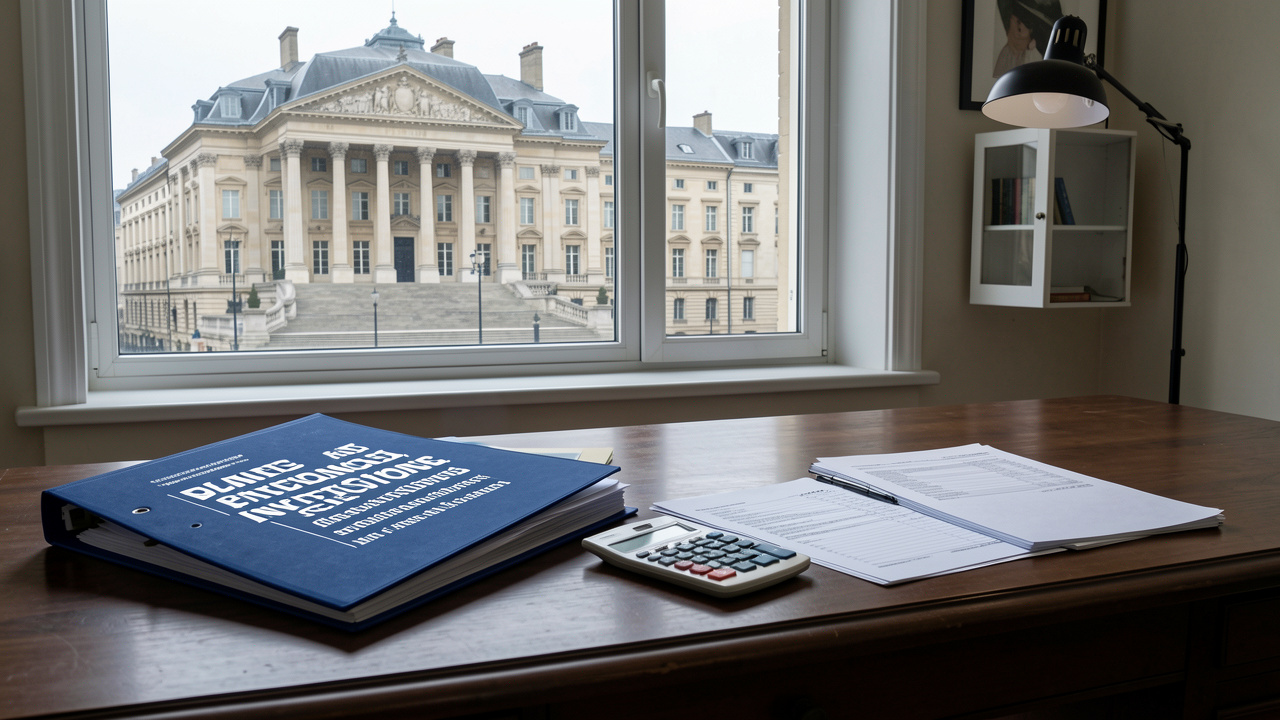 Illustration réaliste d’une enquête financière française avec des dossiers judiciaires, une calculatrice, des documents comptables vierges et la façade sobre d’un tribunal parisien.