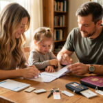 Une famille prépare un voyage aux États-Unis autour d’une table avec des documents de voyage vierges, un carnet de vaccination et des accessoires de voyage.