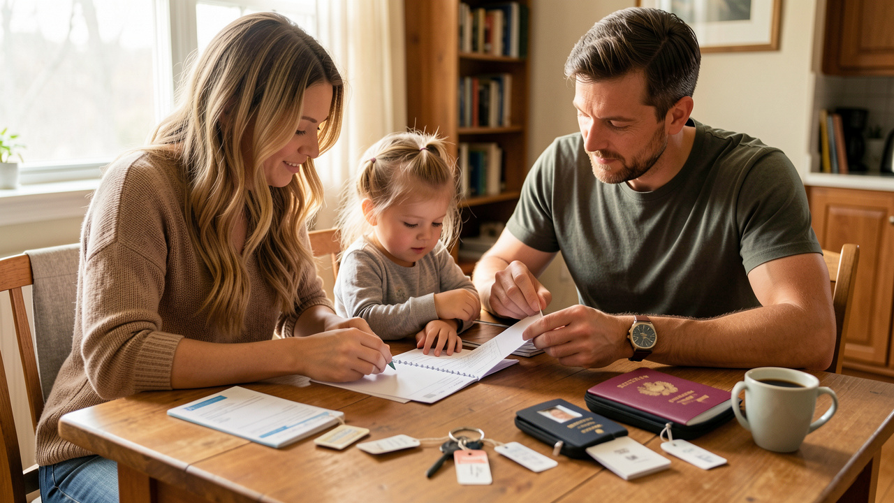 Une famille prépare un voyage aux États-Unis autour d’une table avec des documents de voyage vierges, un carnet de vaccination et des accessoires de voyage.