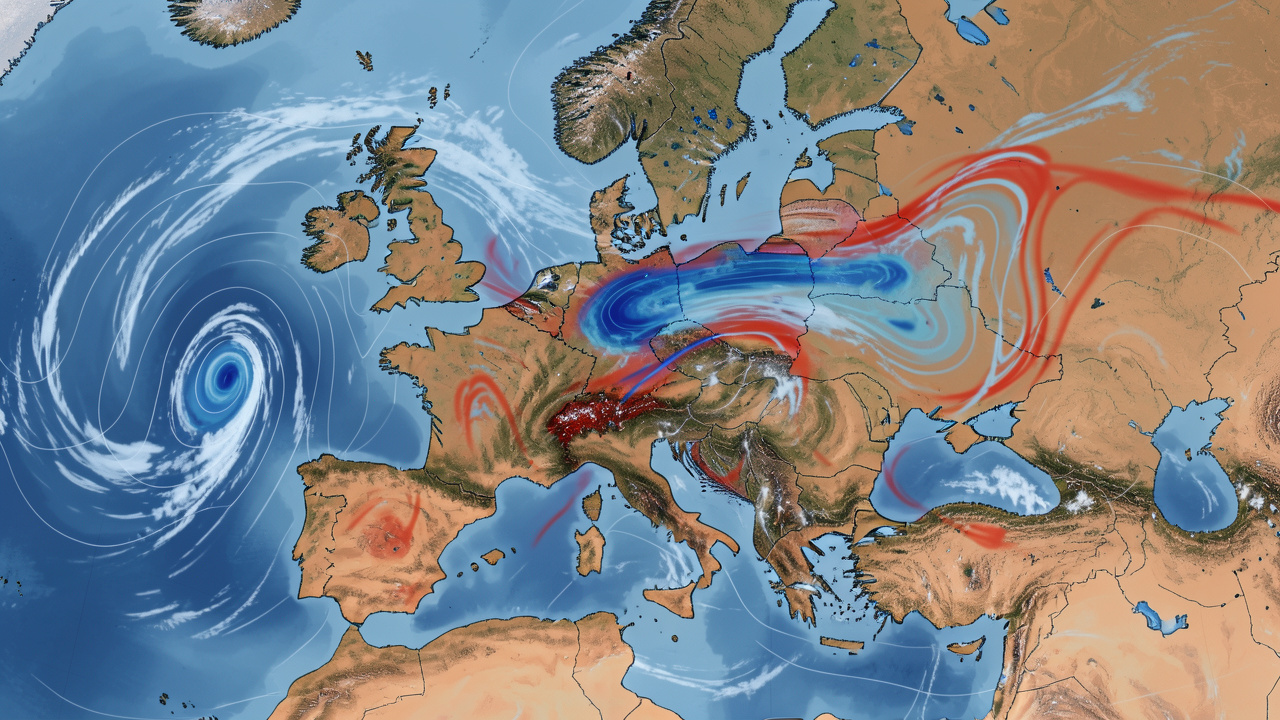 Carte météorologique réaliste de l’Europe montrant des masses d’air maritimes et continentales, des fronts colorés et des bandes nuageuses.
