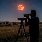 Silhouette d’un homme observant une éclipse lunaire totale rouge cuivré avec des jumelles sur trépied, dans la campagne française sous un ciel étoilé.