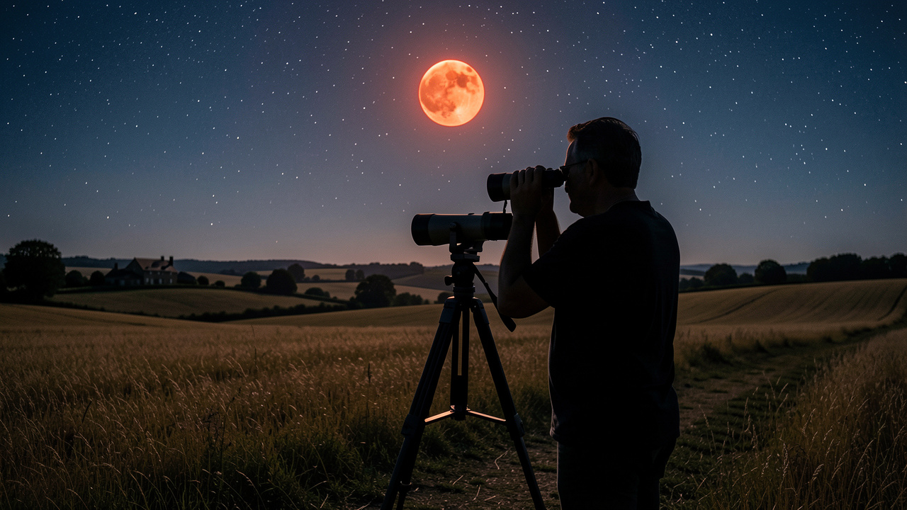 Silhouette d’un homme observant une éclipse lunaire totale rouge cuivré avec des jumelles sur trépied, dans la campagne française sous un ciel étoilé.