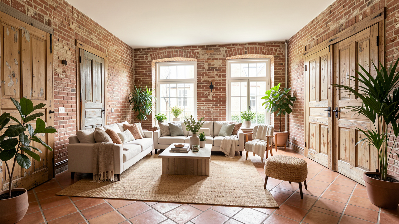 Intérieur de maison rénovée avec murs en briques anciennes, sol en tomettes, portes chinées et décoration lumineuse.