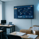 Bureau de PME logistique avec un écran montrant une carte abstraite de flotte, des indicateurs visuels de livraison et un cadenas numérique, dans une ambiance documentaire réaliste.