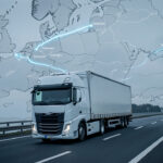 Camion poids lourd moderne roulant sur une autoroute européenne, avec une carte stylisée et des itinéraires lumineux reliant Bratislava, Oslo et Rotterdam.