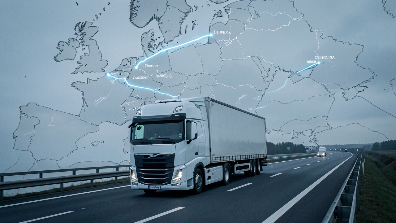 Camion poids lourd moderne roulant sur une autoroute européenne, avec une carte stylisée et des itinéraires lumineux reliant Bratislava, Oslo et Rotterdam.