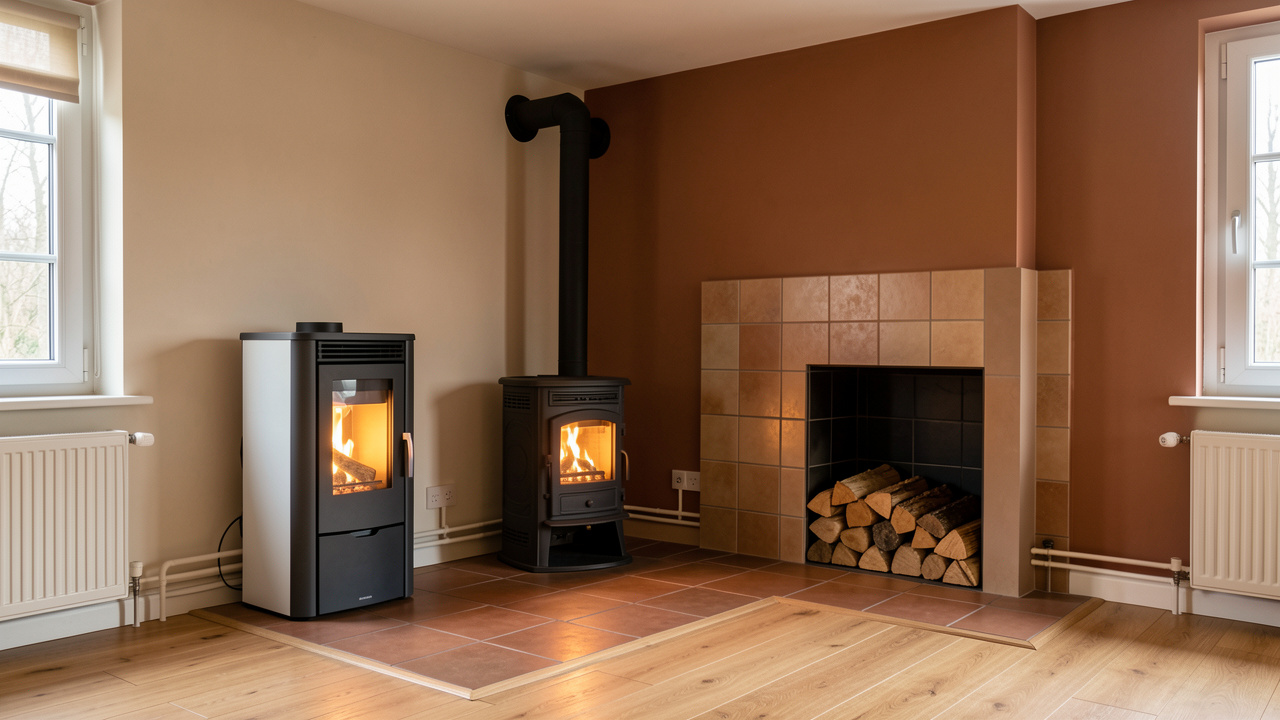 Intérieur chaleureux présentant plusieurs équipements de chauffage au bois, dont un poêle à granulés, un poêle en fonte et une cheminée, avec du bois soigneusement rangé.