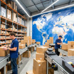 Entrepôt e-commerce moderne où quatre préparateurs de commandes trient des colis en carton, avec une grande carte du monde abstraite en arrière-plan.