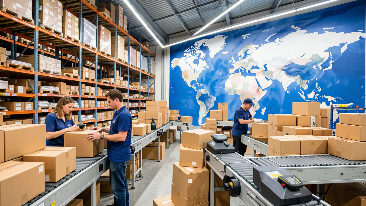 Entrepôt e-commerce moderne où quatre préparateurs de commandes trient des colis en carton, avec une grande carte du monde abstraite en arrière-plan.