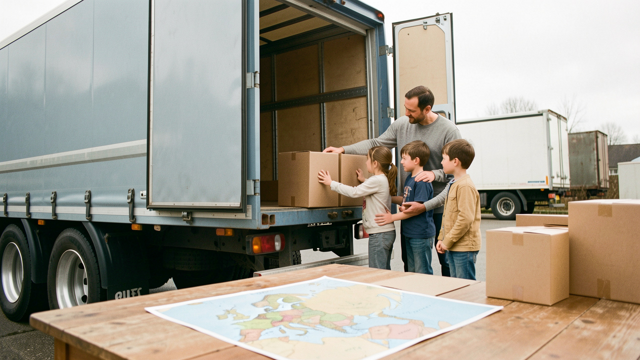 Une femme, un homme et deux enfants se tiennent devant un camion de déménagement moderne, avec des cartons neutres et une carte non annotée de l’Europe posée sur une table.