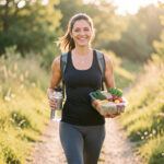 Femme souriante marchant au soleil avec une gourde réutilisable et un repas équilibré dans un environnement naturel.