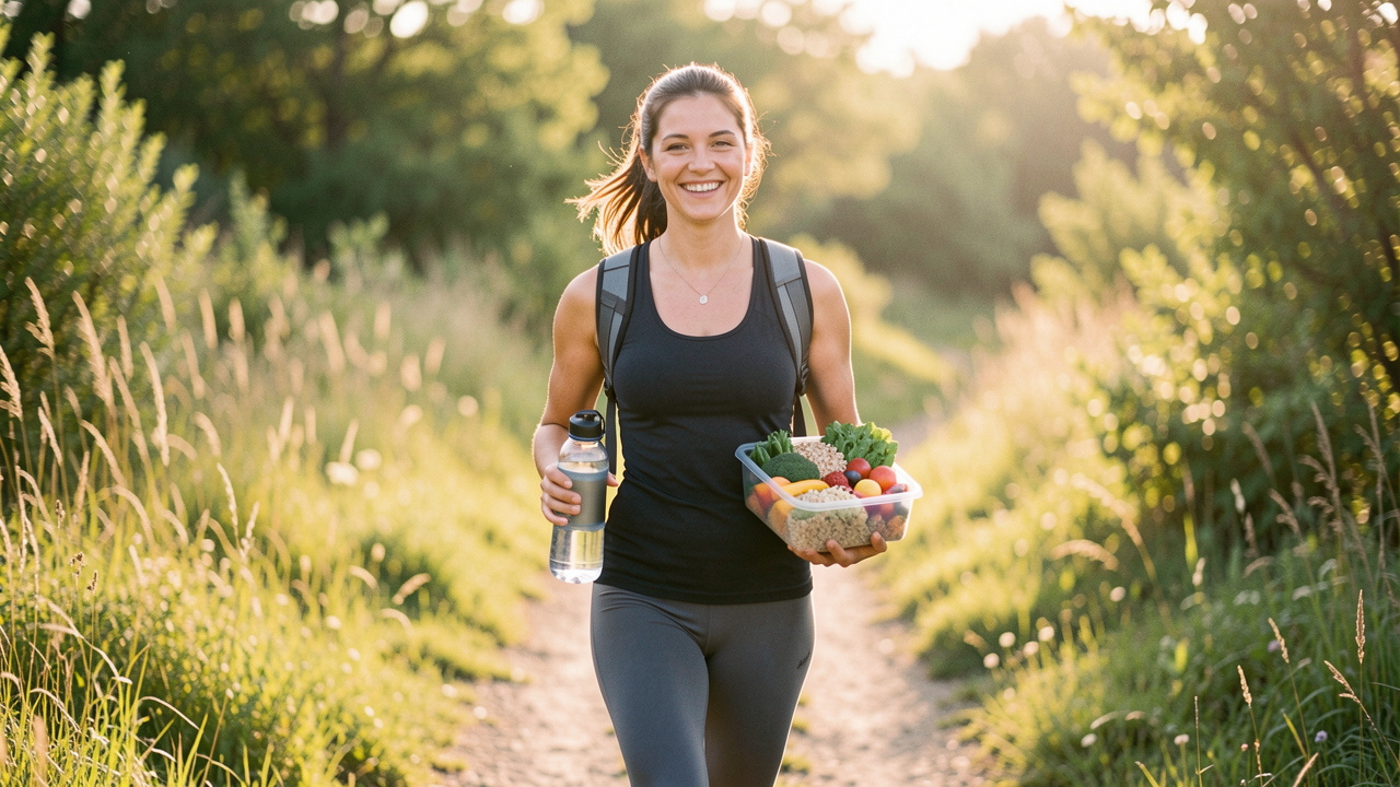 Femme souriante marchant au soleil avec une gourde réutilisable et un repas équilibré dans un environnement naturel.