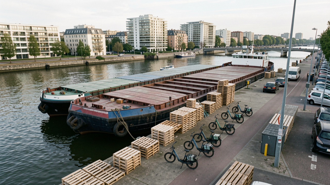 Vue aérienne réaliste d’une péniche de fret amarrée à un quai urbain français, avec des palettes en cours de déchargement et des vélos-cargos électriques prêts à partir, sur fond de ville dense.