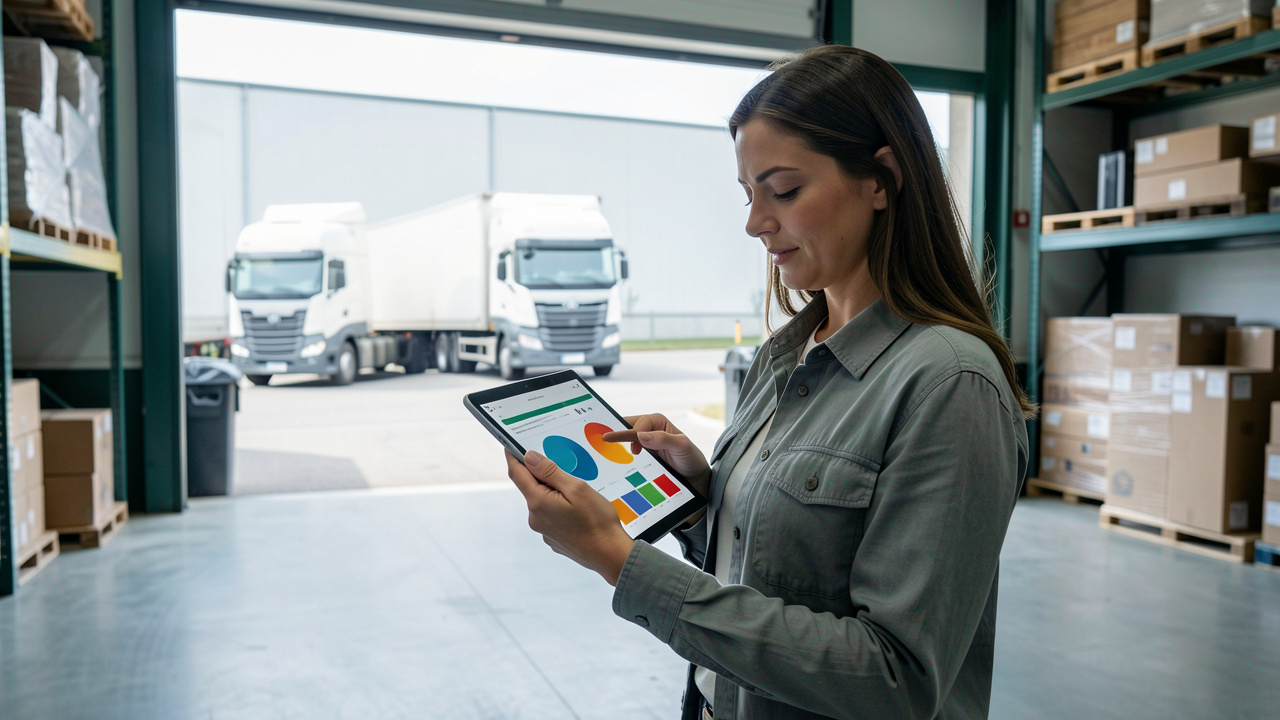 Responsable logistique observant un tableau de bord ESG abstrait sur une tablette dans un entrepôt moderne, avec des camions visibles en arrière-plan et une lumière naturelle.