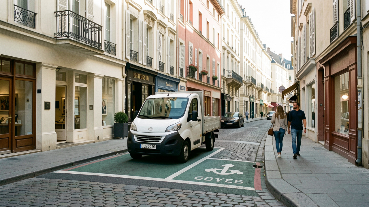 Rue commerçante française calme avec une aire de livraison clairement délimitée, un utilitaire électrique stationné et deux piétons.
