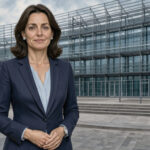 Illustration réaliste d’une députée européenne française en tailleur bleu marine devant le Parlement européen, dans une ambiance institutionnelle sobre et lumineuse.