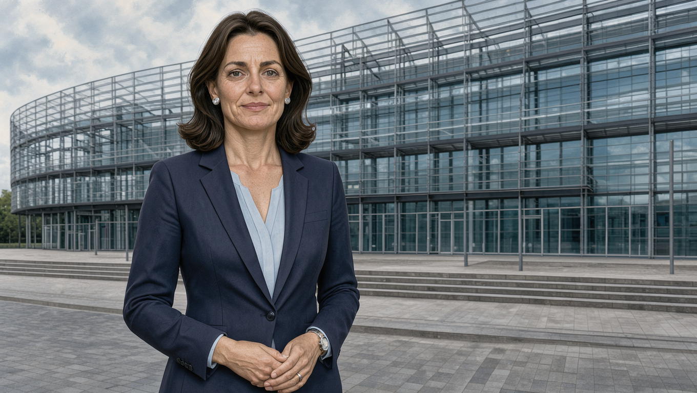 Illustration réaliste d’une députée européenne française en tailleur bleu marine devant le Parlement européen, dans une ambiance institutionnelle sobre et lumineuse.