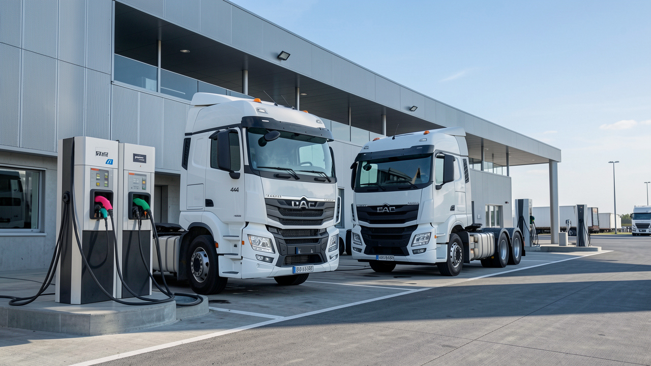 Deux tracteurs routiers électriques blancs de 44 tonnes stationnés sur une plateforme logistique française, avec des bornes de recharge rapide visibles dans la lumière matinale.