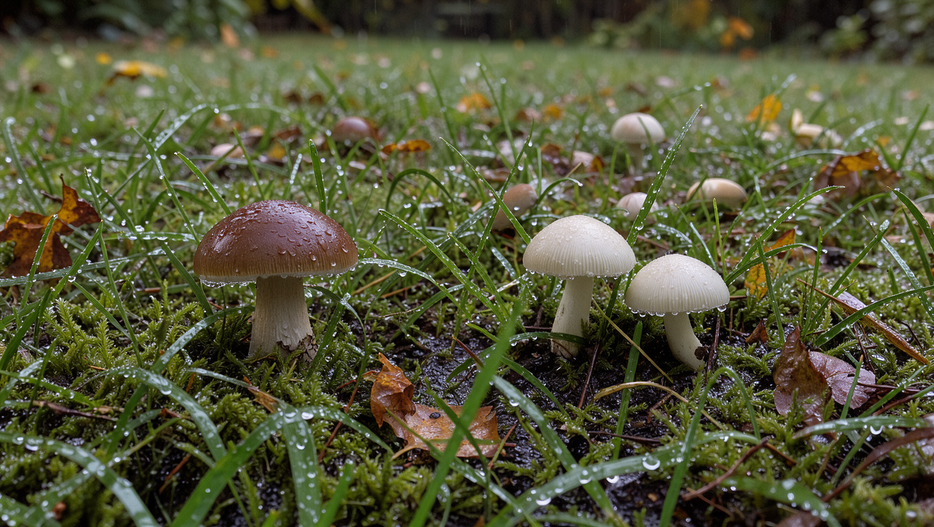 Pelouse de jardin humide après la pluie, avec de petits champignons bruns et blancs parmi l’herbe sous une douce lumière d’automne.