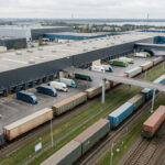Vue aérienne réaliste d’une plateforme logistique de supermarchés avec des camions électriques, des quais de chargement et des wagons de fret ferroviaire dans une palette de couleurs sobres.