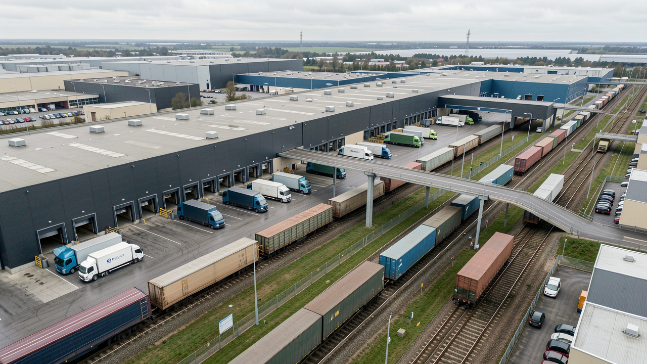 Vue aérienne réaliste d’une plateforme logistique de supermarchés avec des camions électriques, des quais de chargement et des wagons de fret ferroviaire dans une palette de couleurs sobres.
