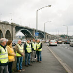 Vue documentaire du pont de l’Harteloire à Brest, avec la circulation urbaine et plusieurs hommes et femmes portant des gilets jaunes lors d’un rassemblement pacifique sous un ciel breton couvert.