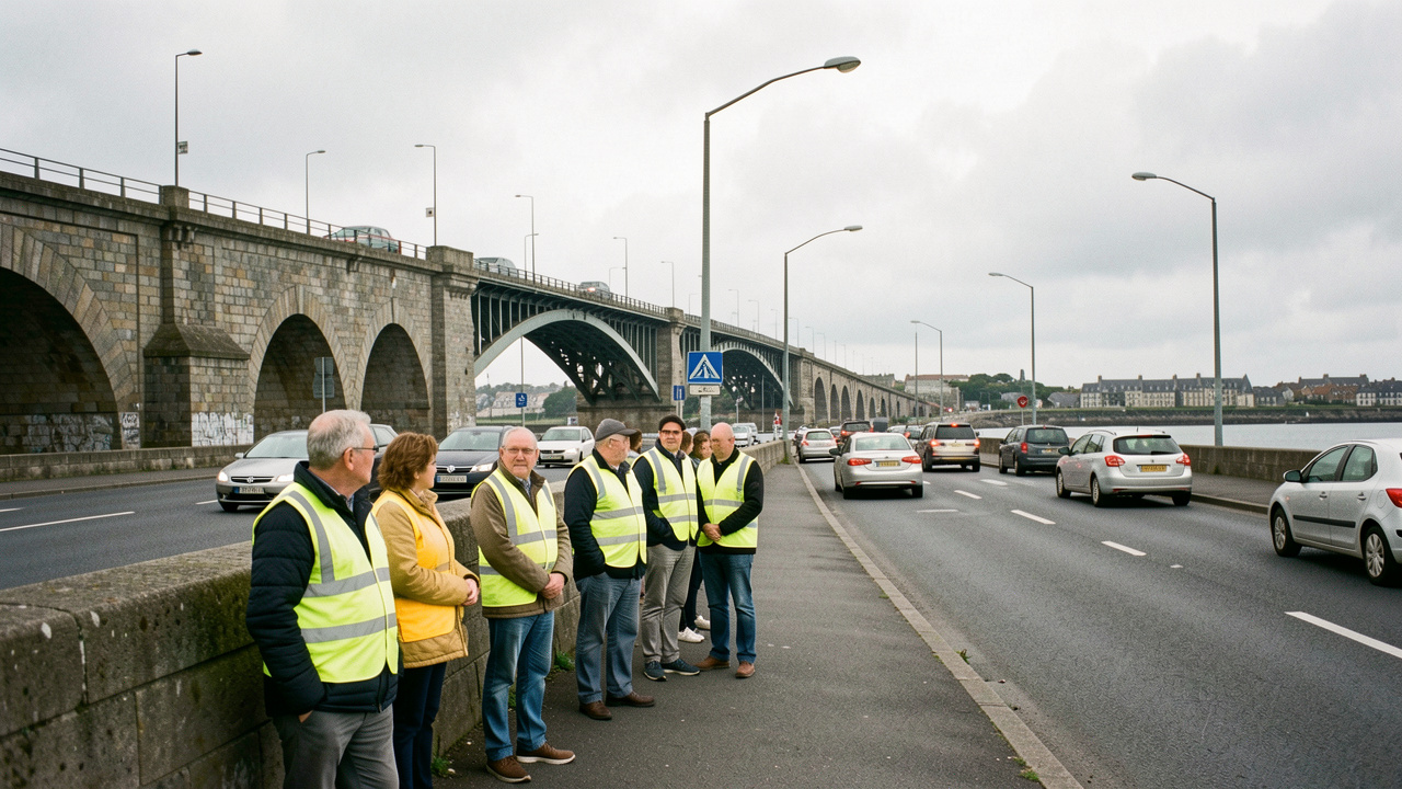 Vue documentaire du pont de l’Harteloire à Brest, avec la circulation urbaine et plusieurs hommes et femmes portant des gilets jaunes lors d’un rassemblement pacifique sous un ciel breton couvert.