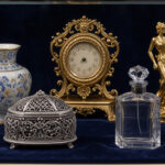 Vitrine élégante présentant plusieurs décorations françaises raffinées disposées sur un velours bleu, éclairées par une lumière douce.