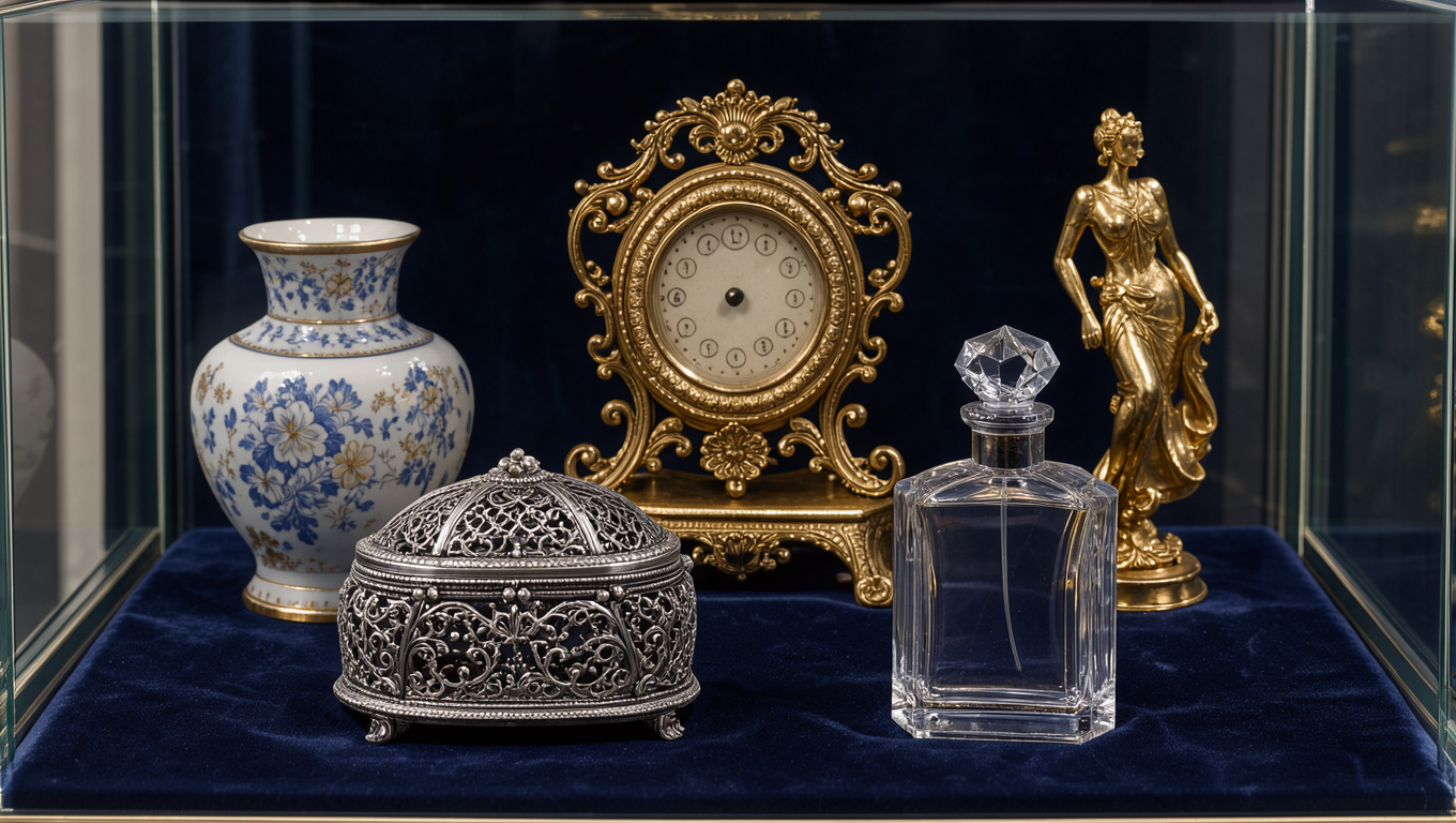 Vitrine élégante présentant plusieurs décorations françaises raffinées disposées sur un velours bleu, éclairées par une lumière douce.